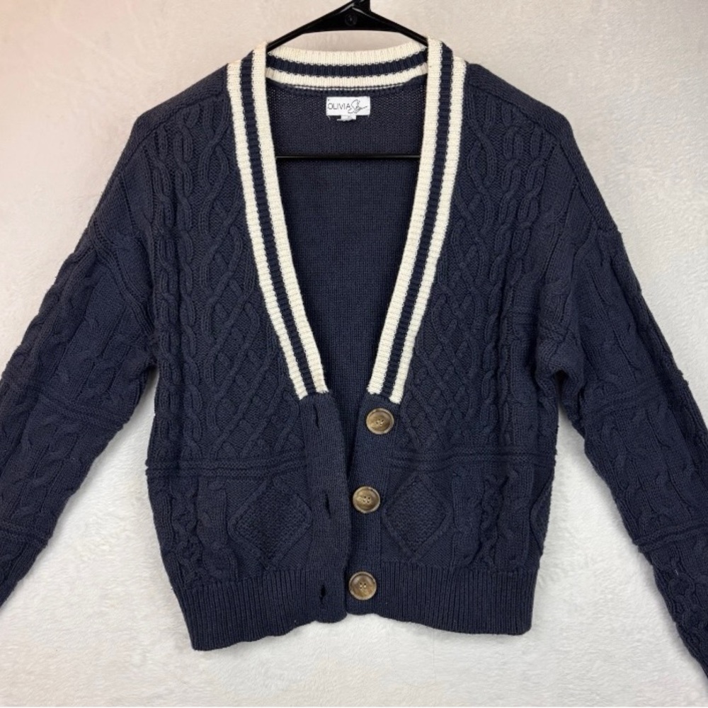 Navy Blue Cable Knit Cardigan Sweater